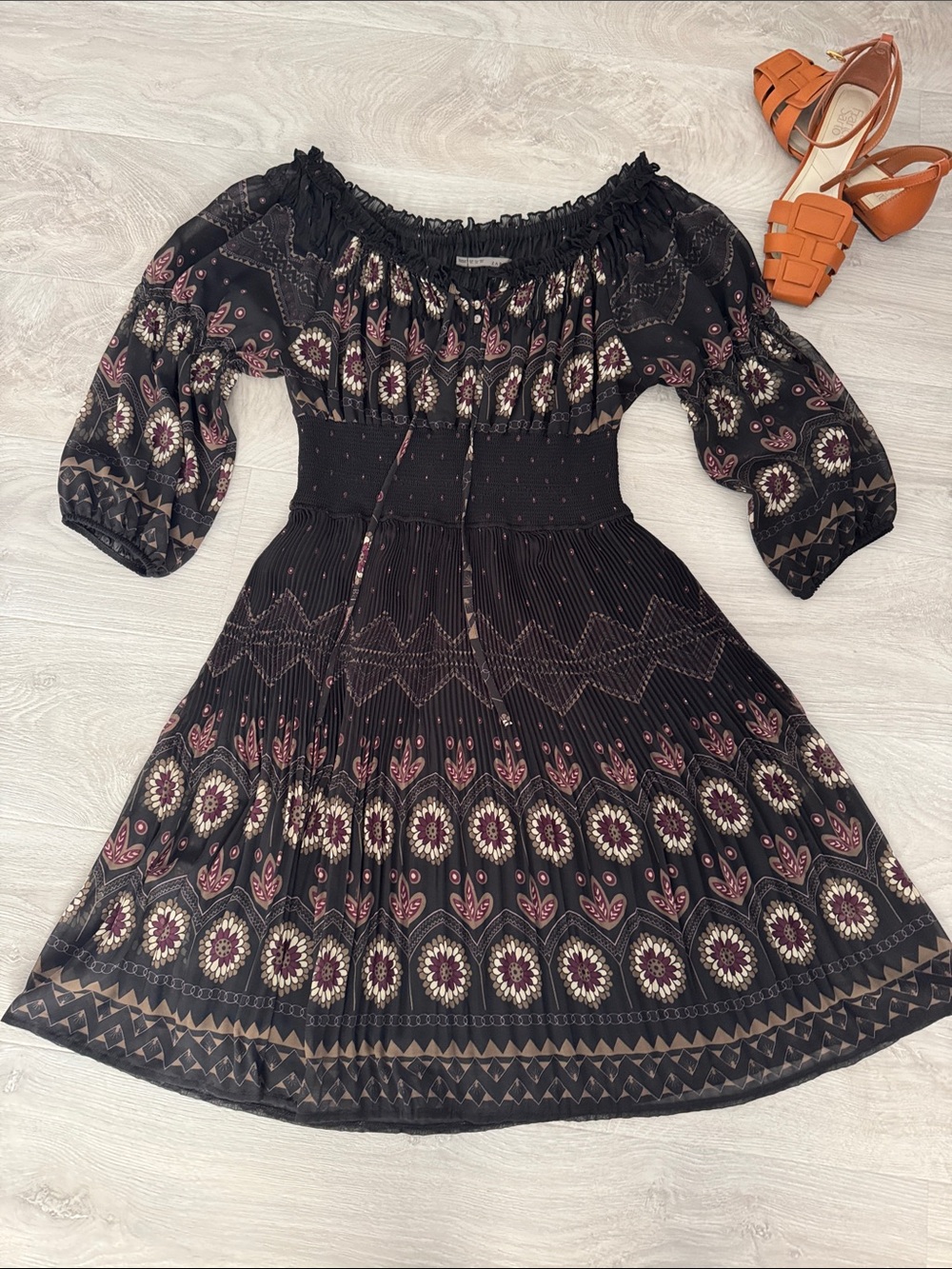 Zara Black Boho Off-Shoulder Midi Dress with Purple and Cream Print